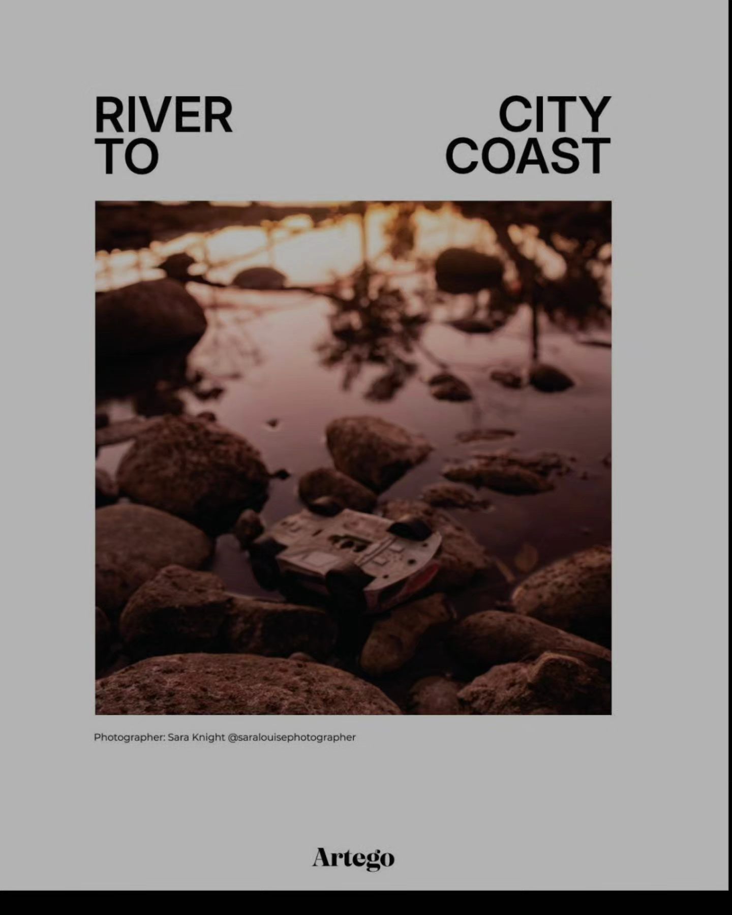 Artistic photo book cover showing rocks by water at sunset with 'River to City Coast' text.