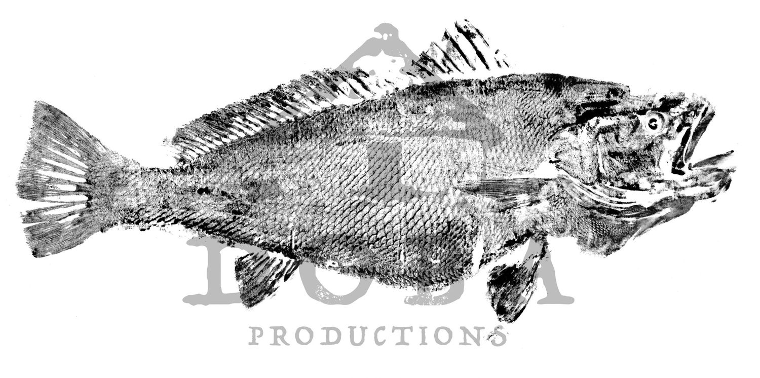 Black and white vintage decorative fish graphics arranged in a horizontal banner pattern.