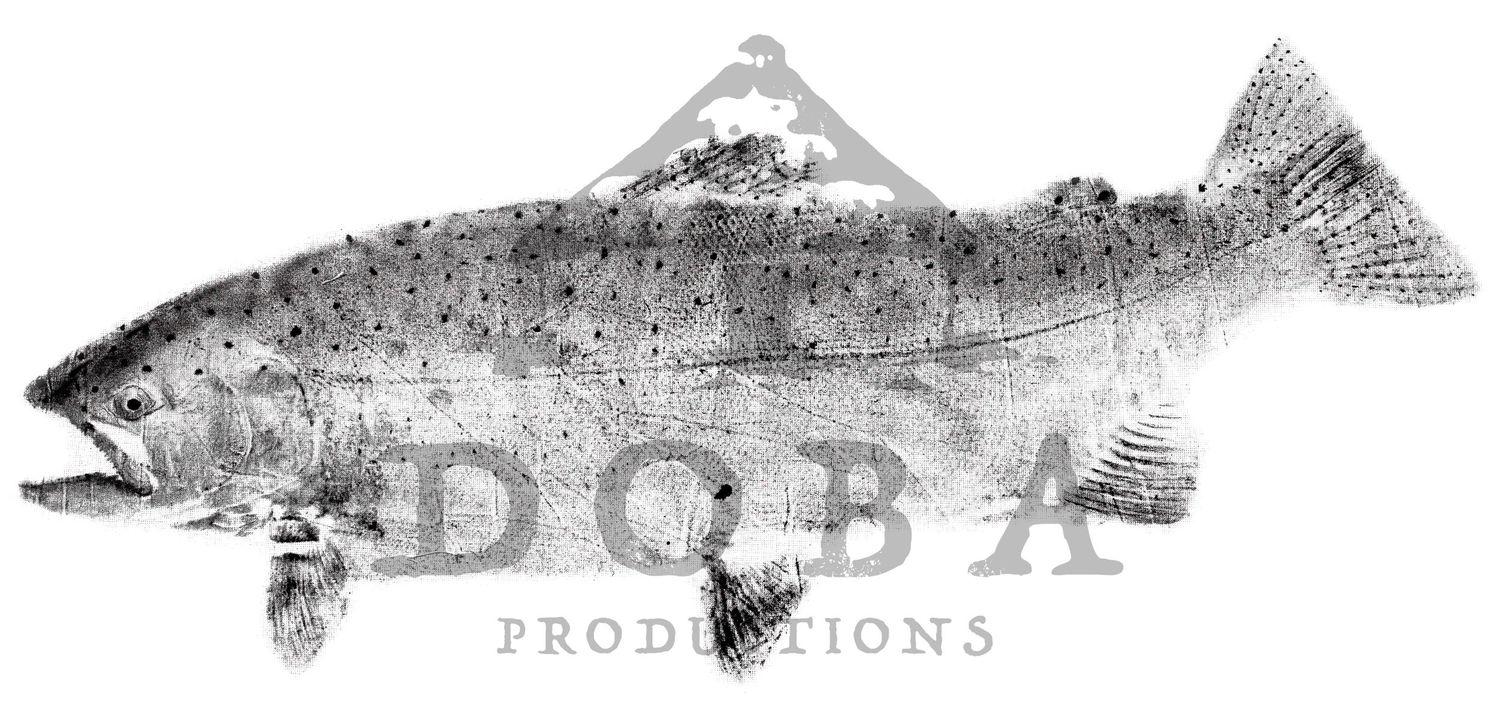 Cross sections of a black and white illustration showing different fish types and production text at top.