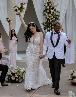 A sequence of five wedding photos showing joyful dance moves during a celebration with elegant decor and floral arrangements.