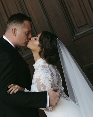 Three intimate romantic frames of a bride and groom in formal wedding attire sharing tender moments against a dark background.