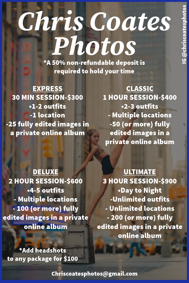 Photography pricing menu displaying different photo session packages and rates on a dark background with white text.