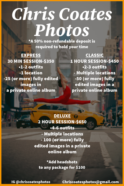 Photography pricing menu displaying different photo session packages and rates on a dark background with white text.