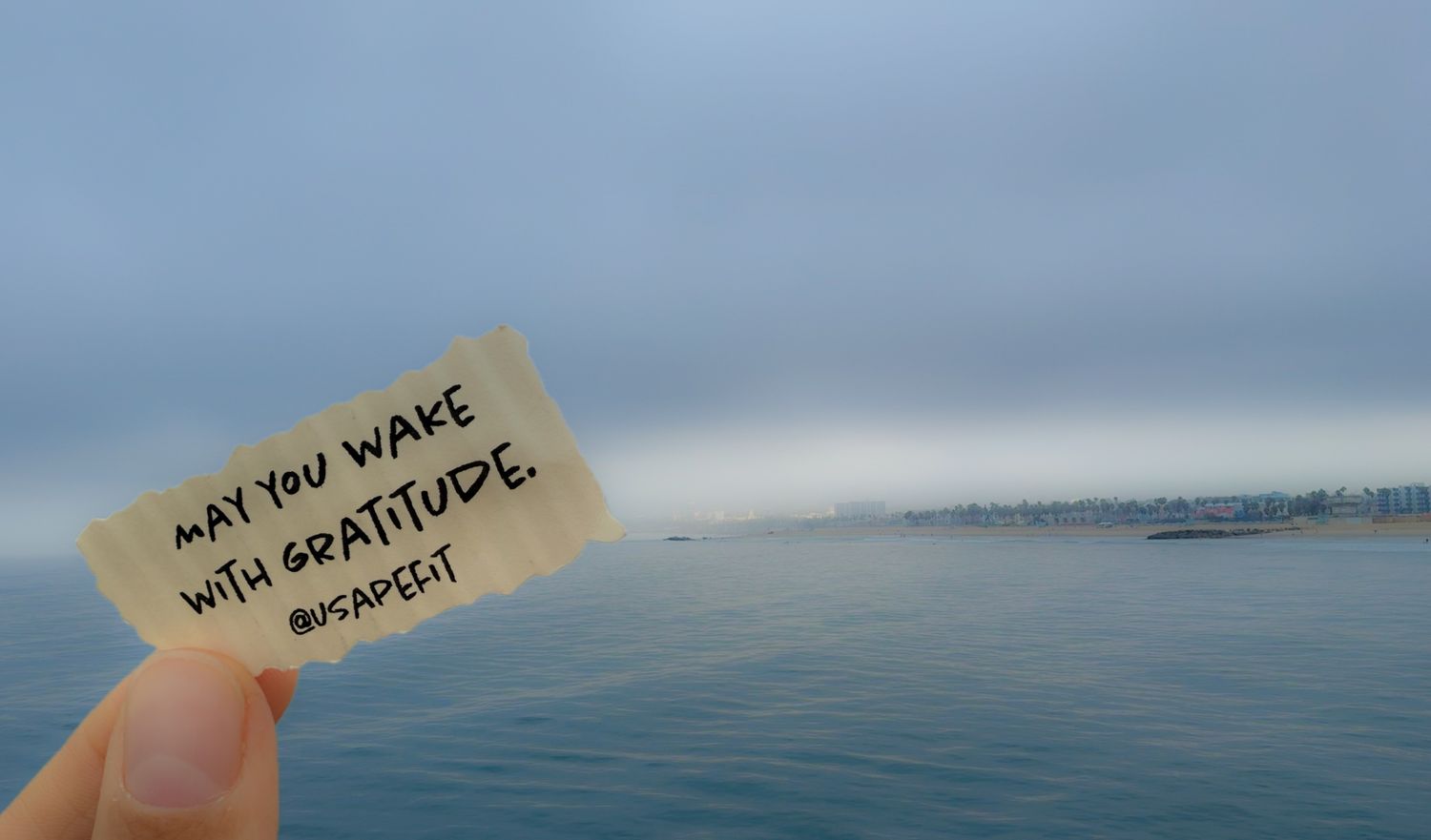 Hand holding a handwritten note reading 'Just let what will be, will be' against a misty ocean backdrop.