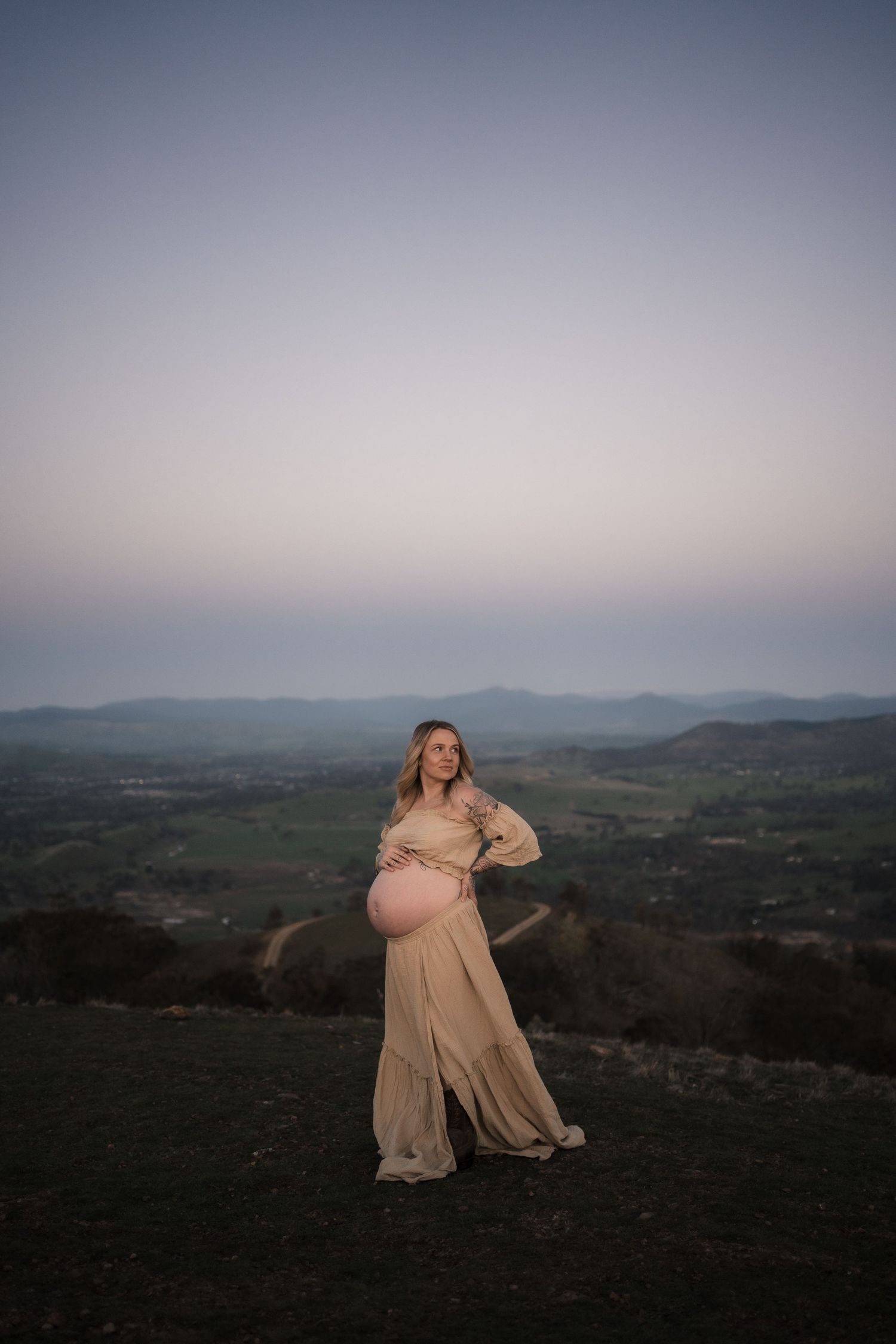 An expectant mother poses in a flowing dress on a hilltop overlooking a scenic valley.