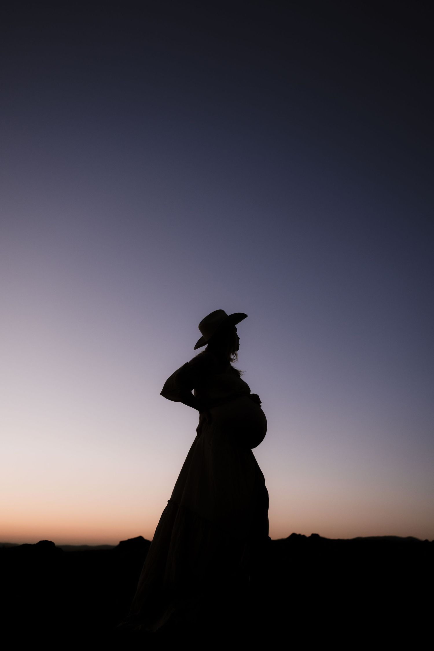 A silhouette of a pregnant figure in a hat stands against a dusky purple sky at sunset.