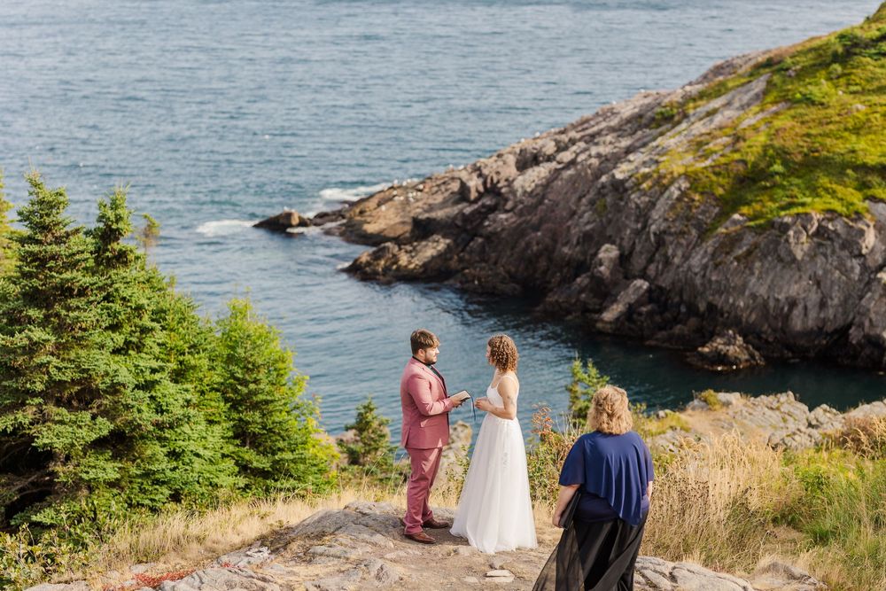 Couple stands on rocky coastal cliff overlooking blue ocean with evergreen trees framing the scenic landscape.
