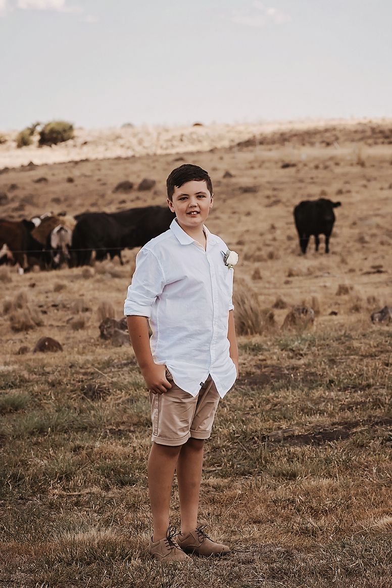 Young child in white shirt and khaki shorts stands in a golden field with cattle grazing in the background.