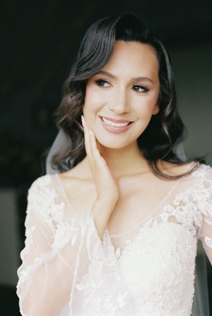 Series of bridal portraits showing delicate lace details and elegant styling.