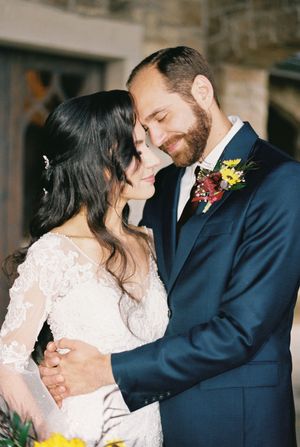 A series of romantic wedding portraits showing tender moments between newlyweds in formal attire.