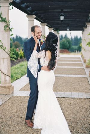 Romantic wedding photo sequence showing intimate moments between newlyweds under elegant white columns.