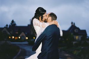 Dreamy wedding photo sequence capturing couple's intimate moments against darkening evening sky.