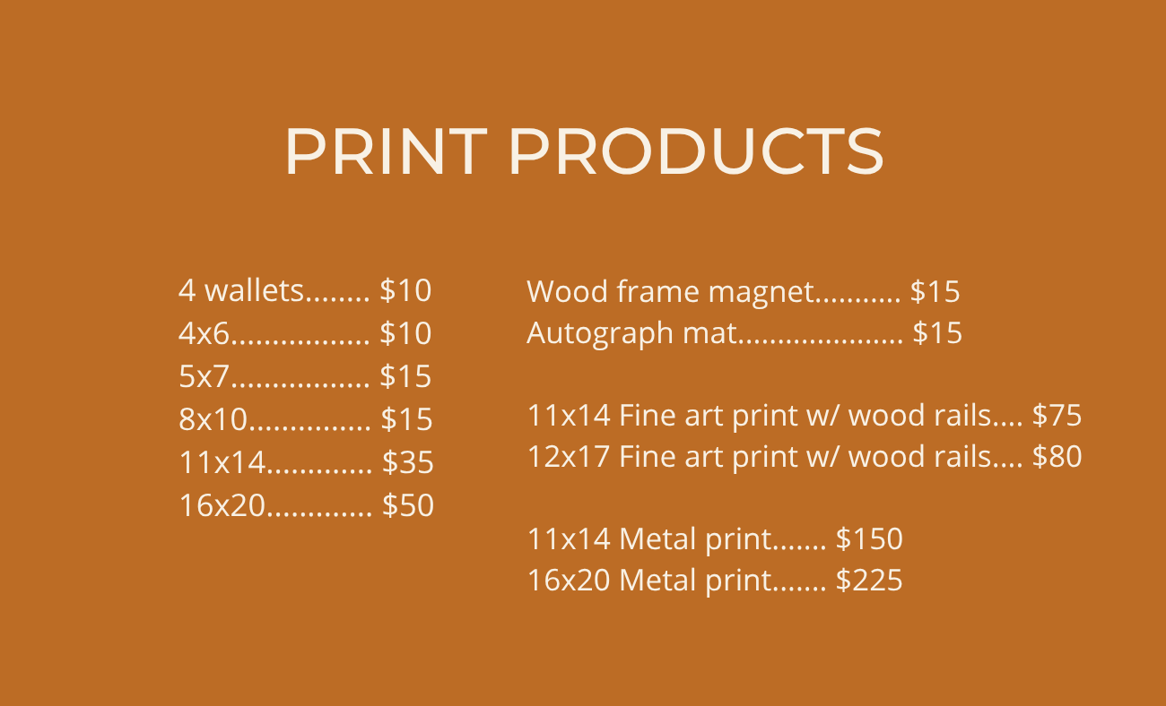 A brown menu board displaying print product prices for various sizes and framing options.