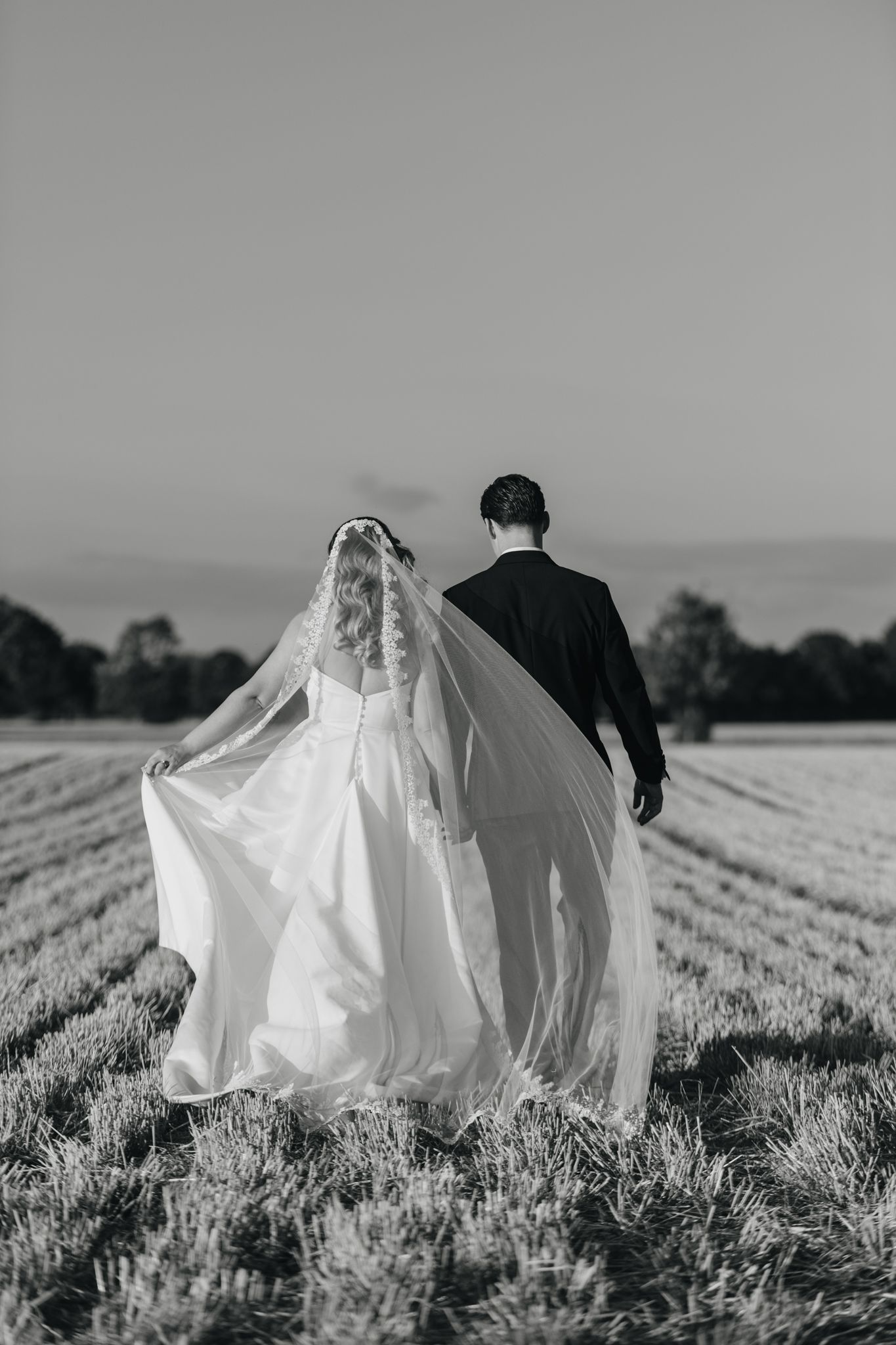 Black and white photo of newlyweds walking through a lavender field with flowing veil.