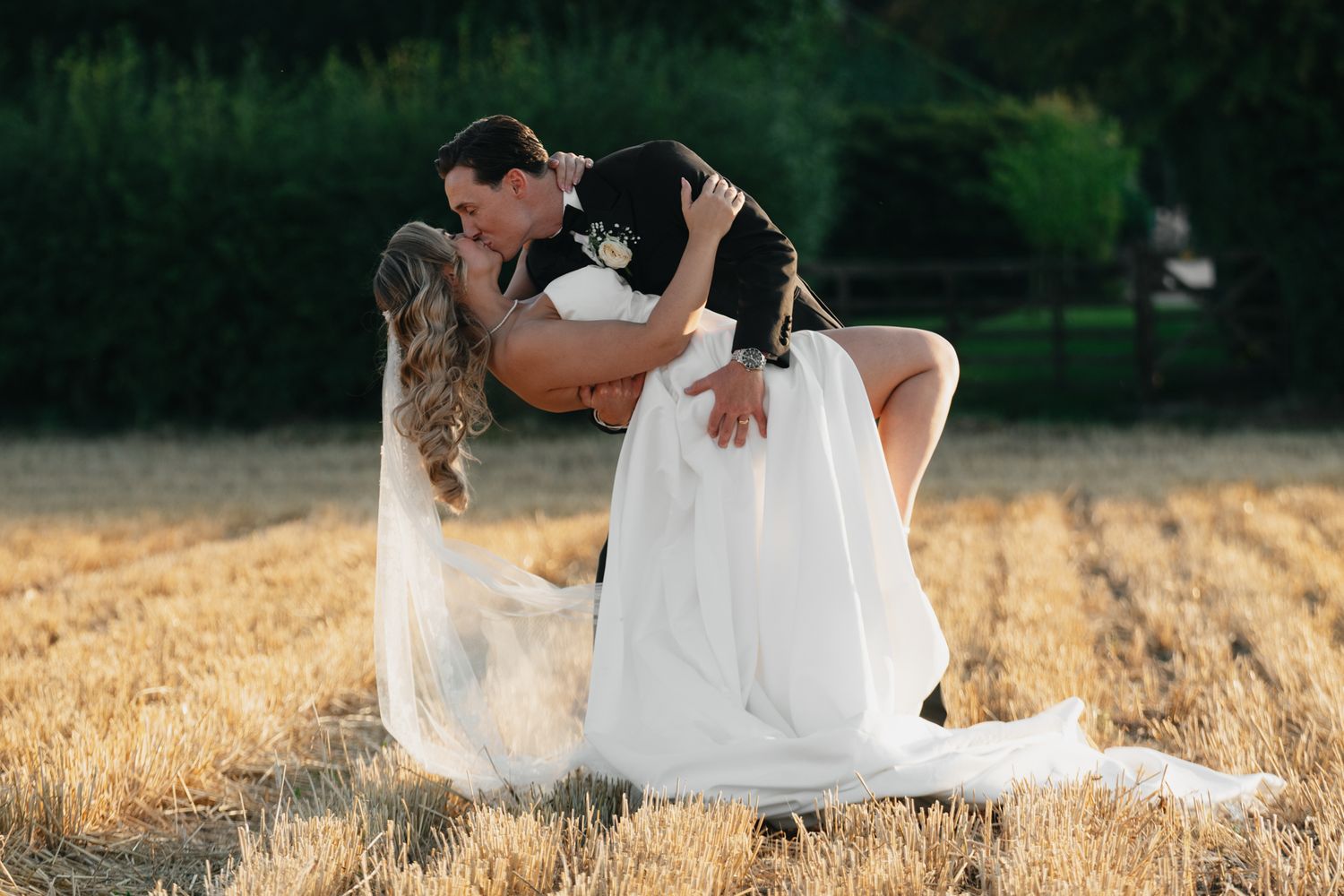 Romantic sunset portraits of couple in wedding attire in golden field.