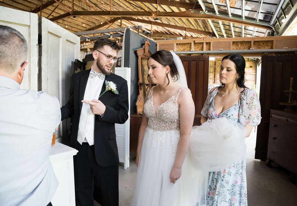 A series of candid moments showing tender interactions between wedding couples during an elegant indoor celebration.