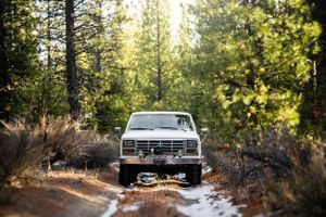 on a forest road, an old white truck sits facing the camera. there is remnants of snow on the ground and the sun shines from above