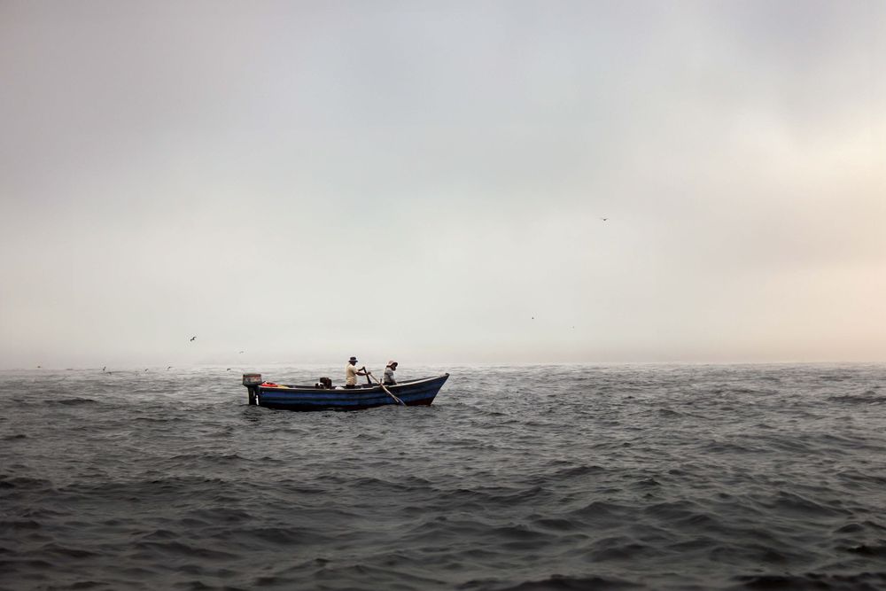 small fishing boat with two men sail through calm ocean waters. it is misty, mysterious, and some birds can be seen far in the background