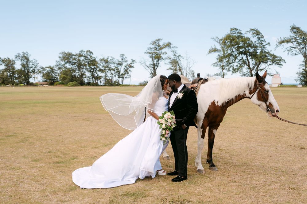 A flowing white wedding dress billows in the wind as a couple poses together in an open field with horses nearby.