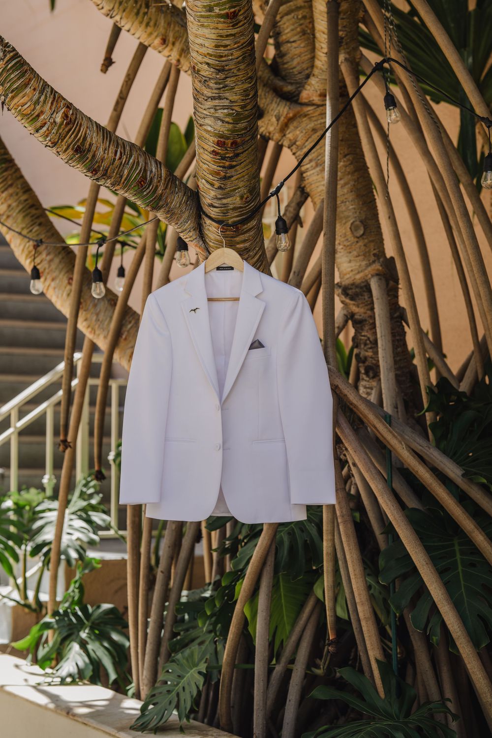 A white suit jacket hangs elegantly on a palm tree trunk against a tropical backdrop.