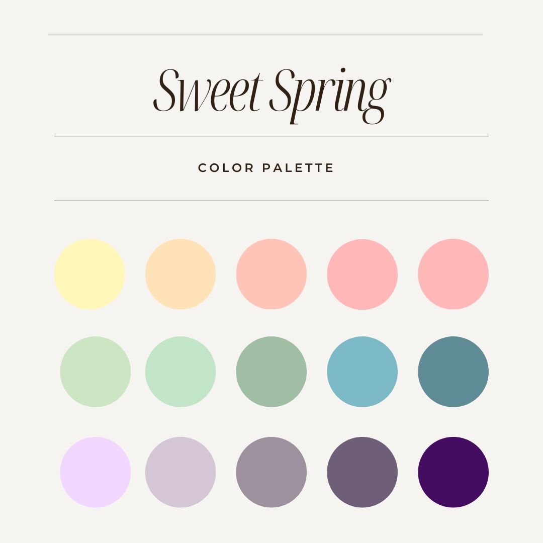 Soft pastel color palette featuring yellow, pink, green, blue and purple tones arranged in rows.