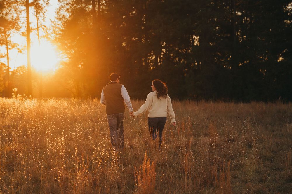 Two figures walk through a golden field at sunset while sunlight filters through tall trees in the background.