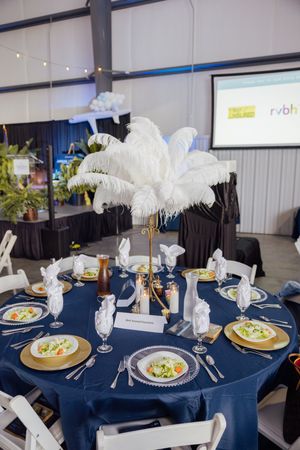Elegant table setting with white feather centerpiece and gold charger plates.