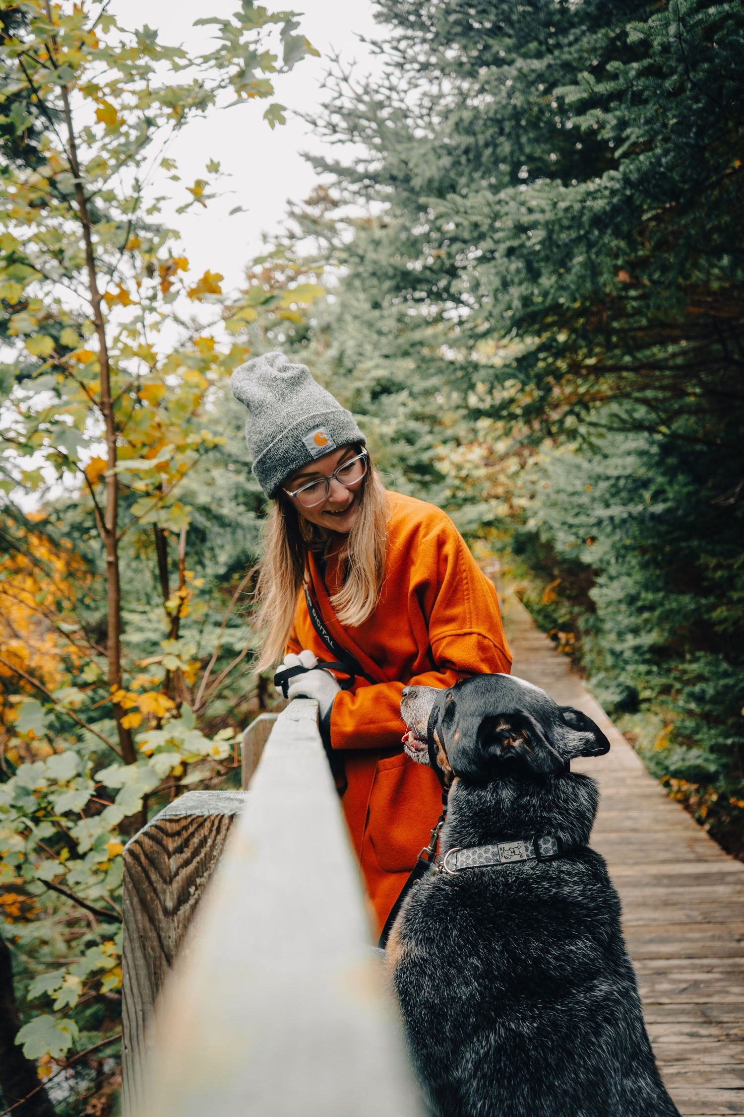 A black dog and a girl wearing an orange sweater and beanie stand on a wooden boardwalk surrounded by autumn foliage.