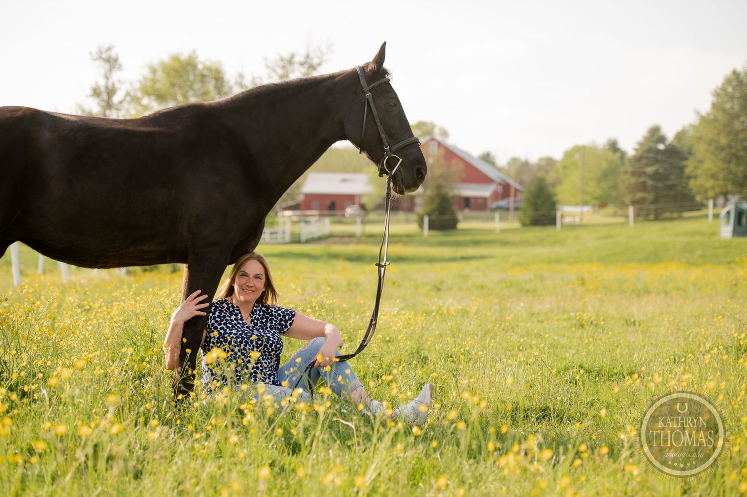 A stunning black horse stands in a field of yellow flowers near a rustic farm setting.