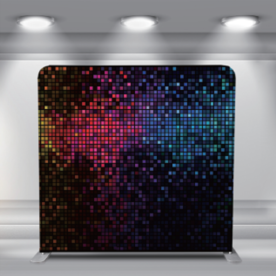Digital pixel mosaic backdrop in rainbow colors fading from red to blue.