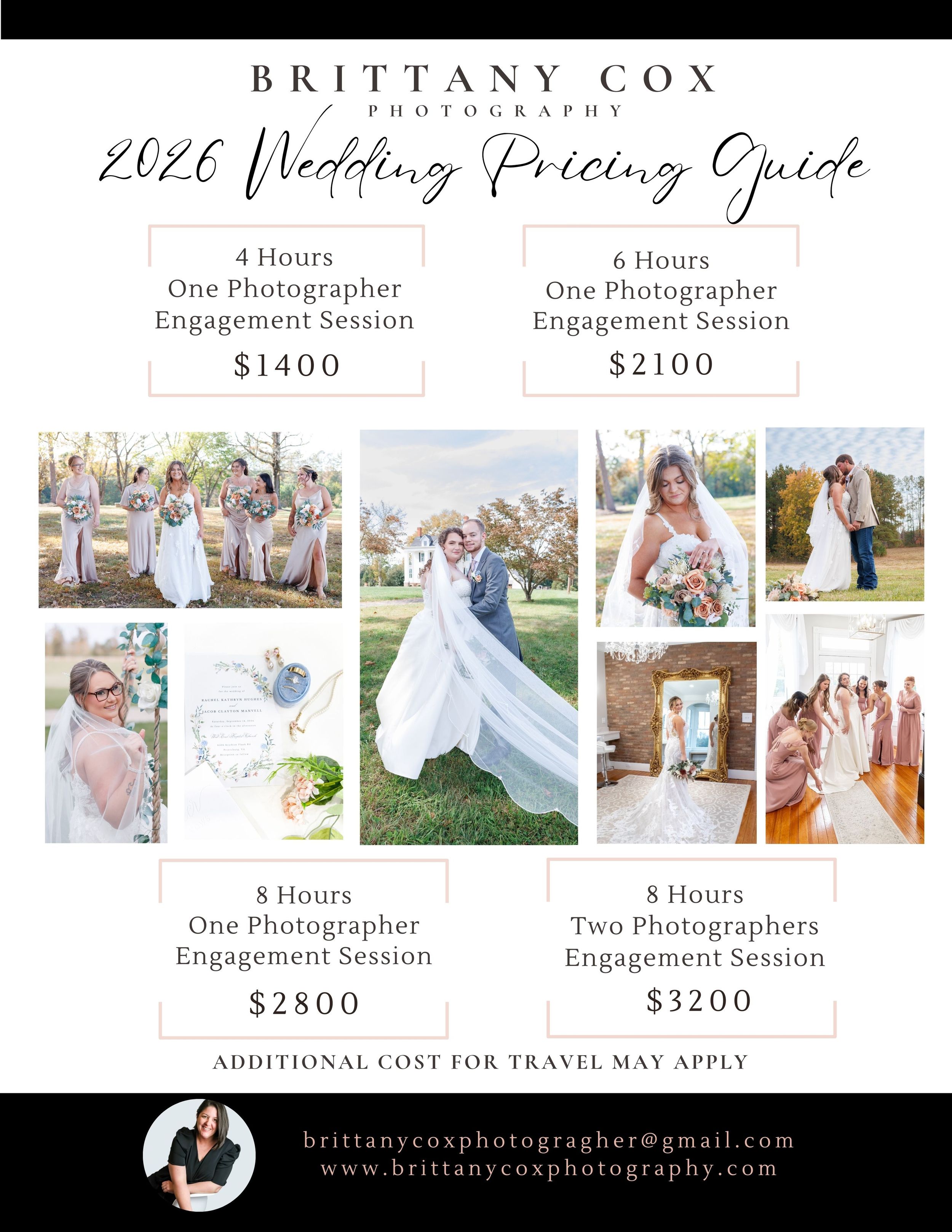 Photography pricing guide showing wedding packages and sample photos with various service tiers from $1400 to $2800.
