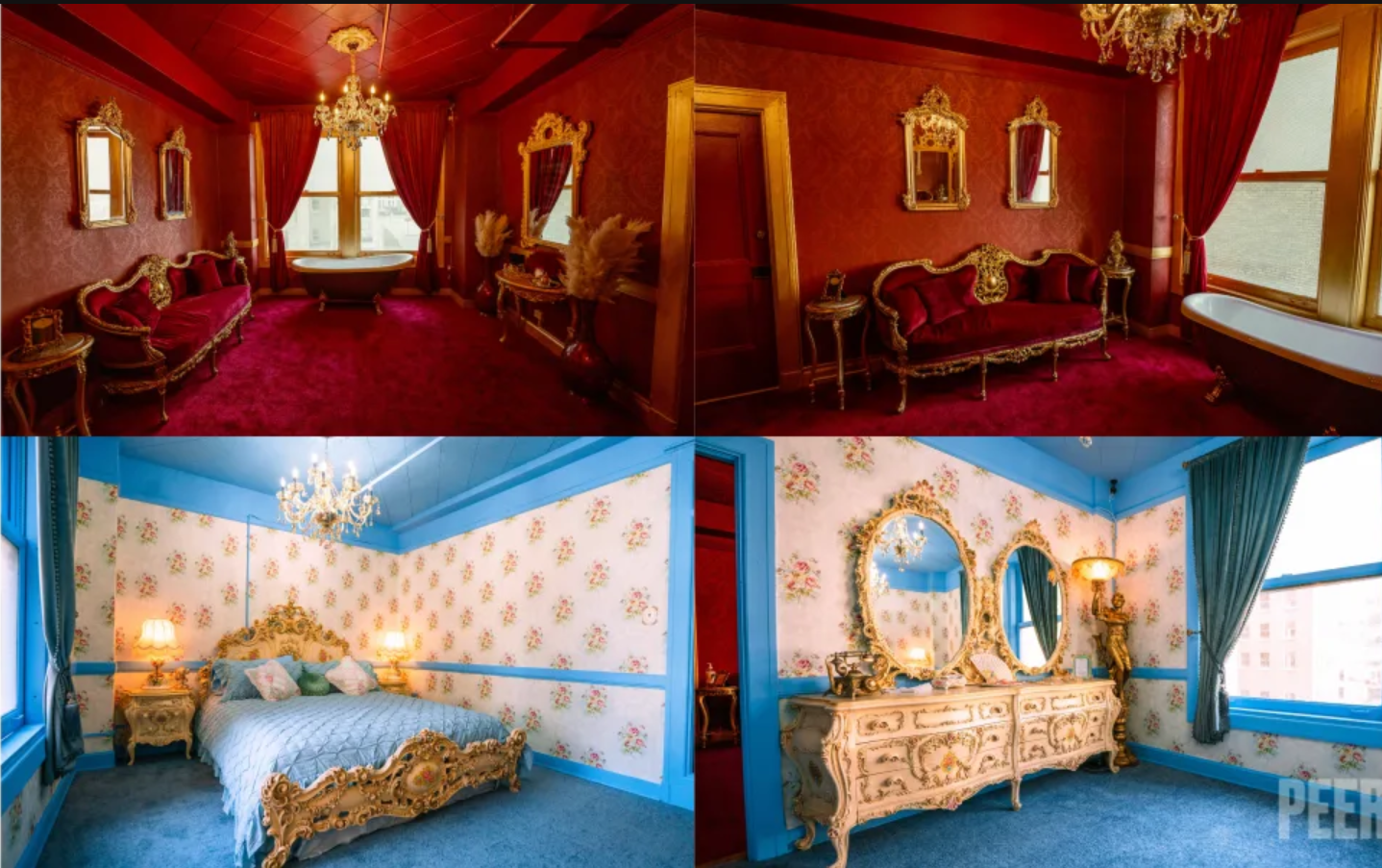 Luxurious vintage bedroom interiors with ornate furniture showing red and blue themed rooms with golden accents and chandeliers.