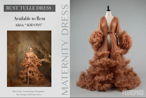 Rust-colored tulle maternity gown with dramatic ruffled details and open back design.