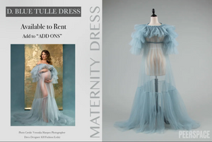 Ethereal light blue tulle maternity gown with sheer overlay displayed on mannequin.
