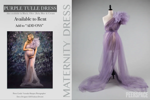 Flowing purple tulle maternity dress with one-shoulder design displayed in studio setting.