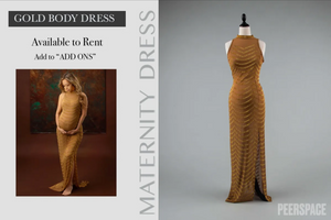 Form-fitting gold maternity gown with ruched details shown on mannequin.