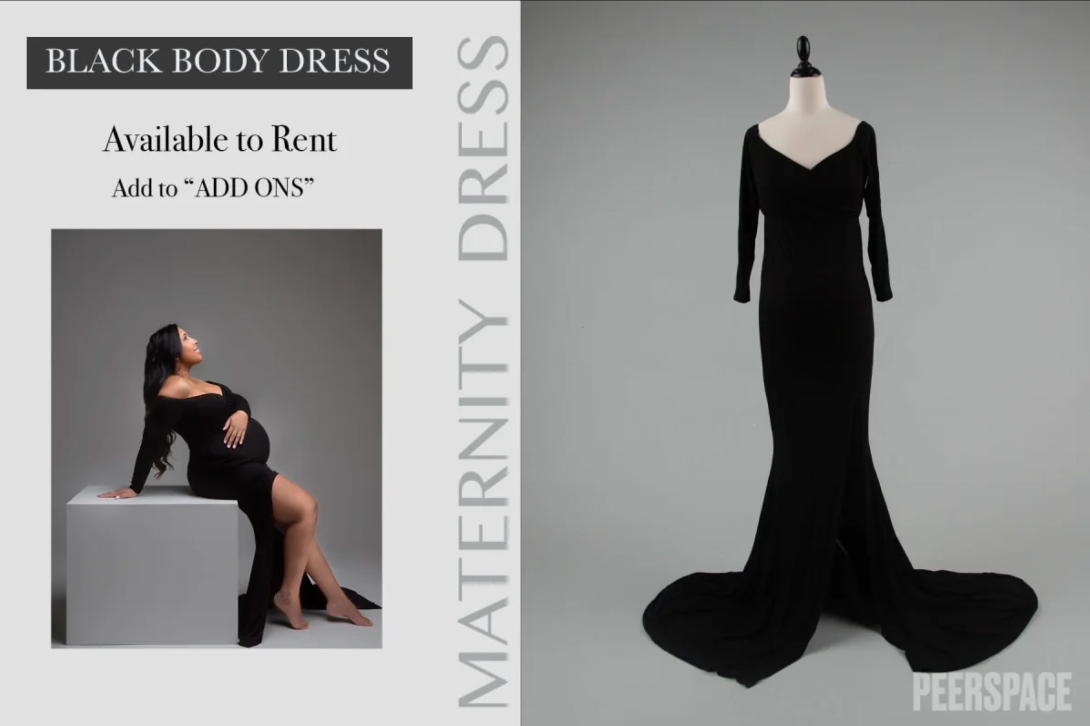 Product image showing a black formal maternity dress design with long sleeves and mermaid silhouette.