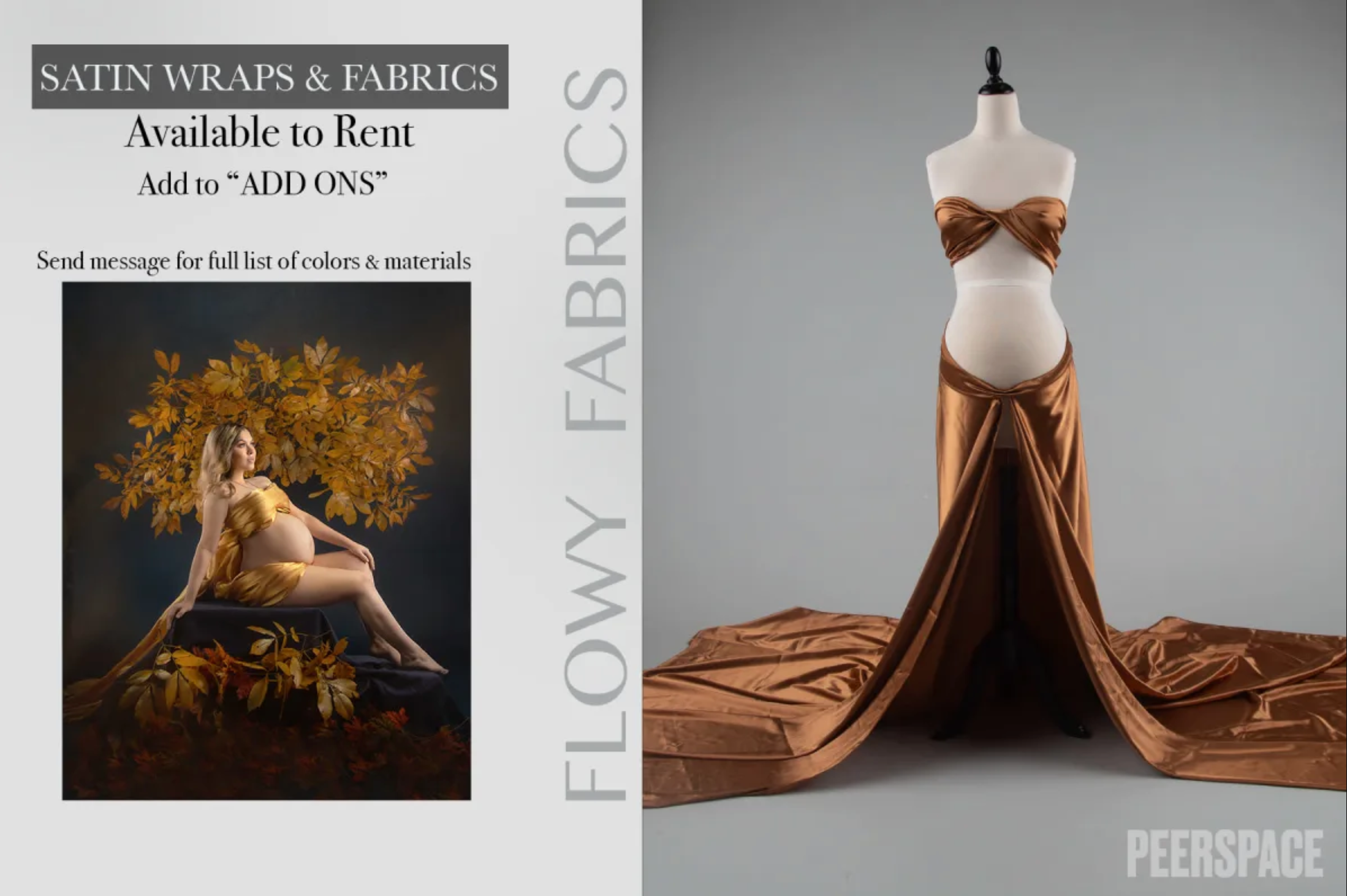 Luxurious satin wraps and fabrics in rich brown tones displayed against a studio backdrop.