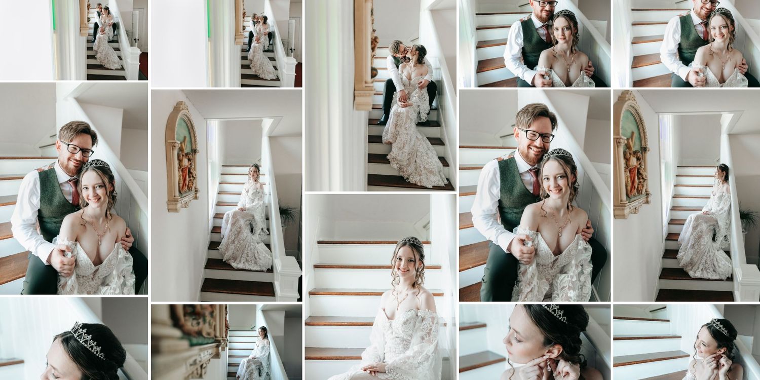 Bride and groom romantic portrait collage on white staircase with stained glass window backdrop.