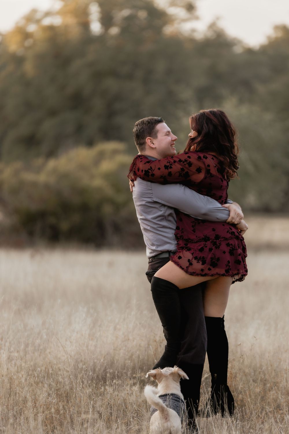 A couple embraces in a golden field at sunset while their small dog watches from below.