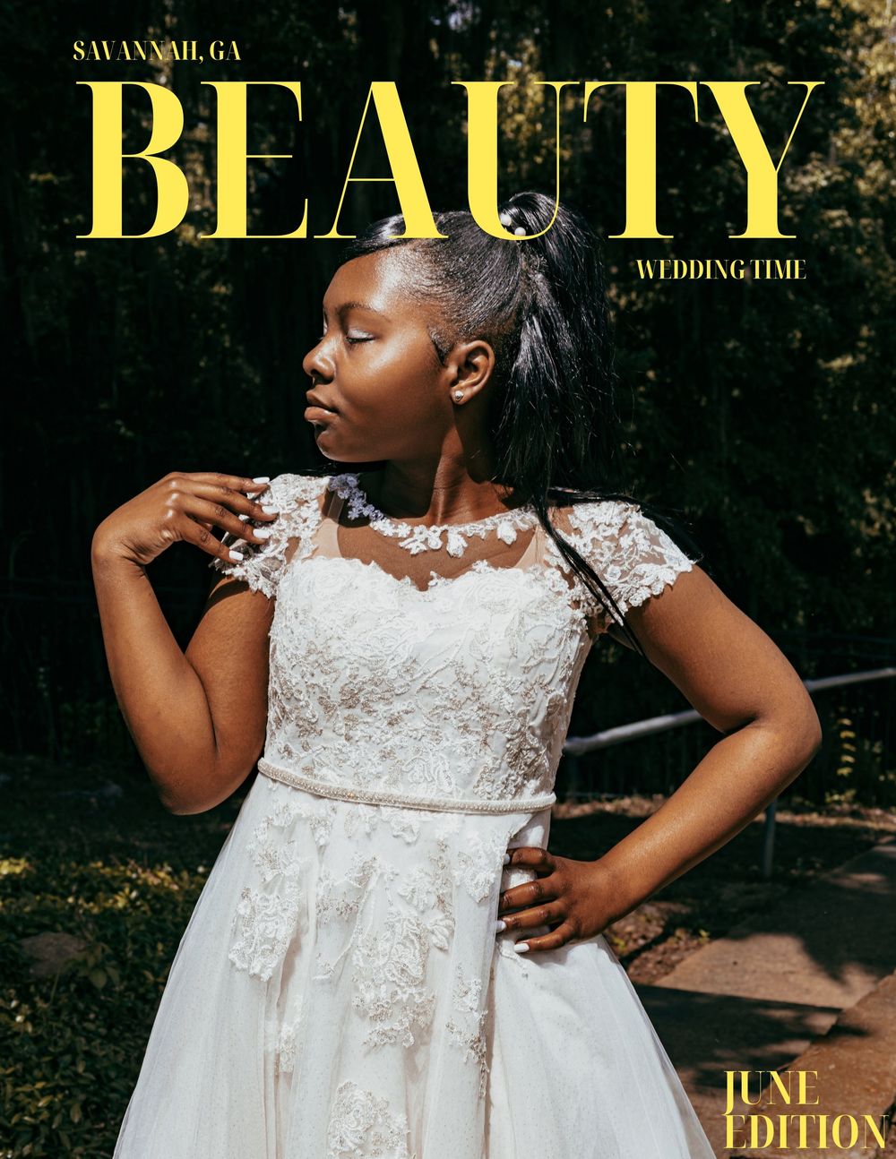 A bride in an elegant white lace wedding dress with cap sleeves poses against a dark background for a magazine cover.