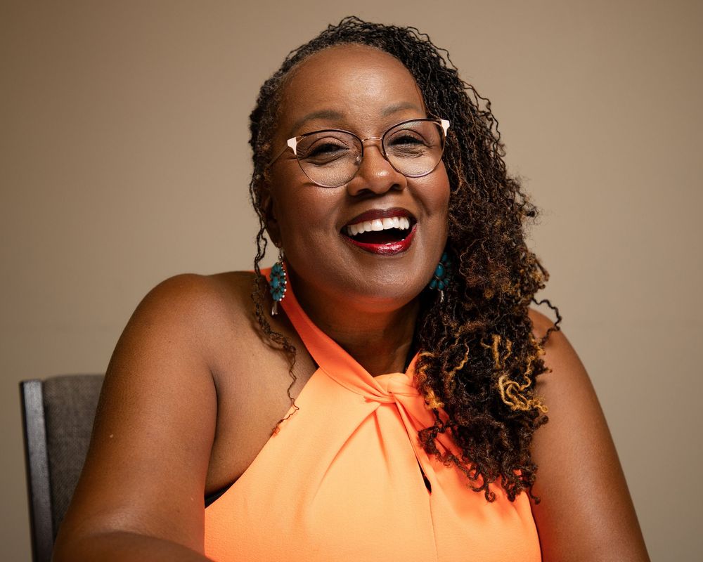 A joyful portrait sequence of someone in an orange sleeveless top showing different expressions and poses.
