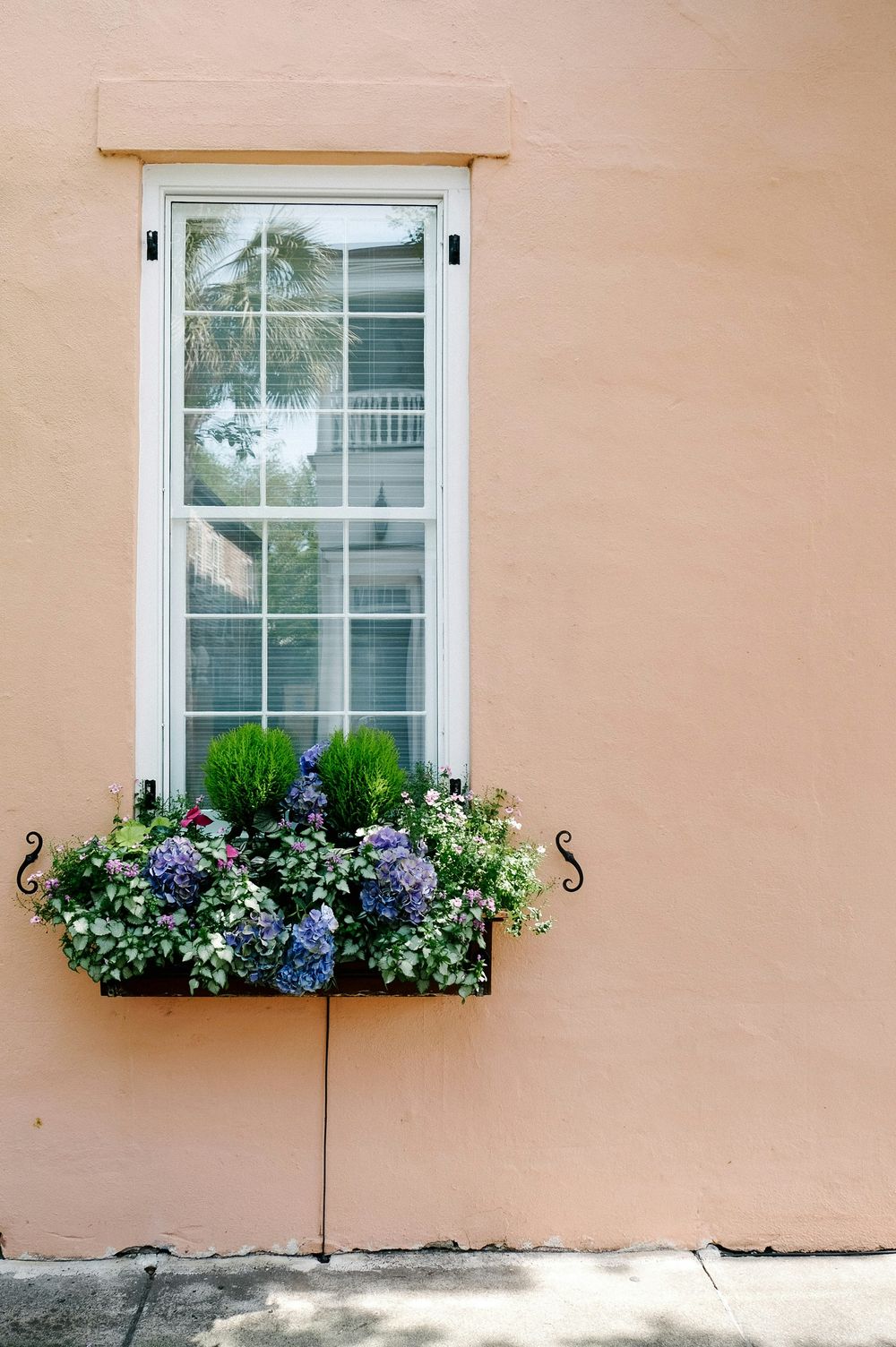 A vintage window with a beautiful flower box filled with purple and white blooms on a peach colored wall.