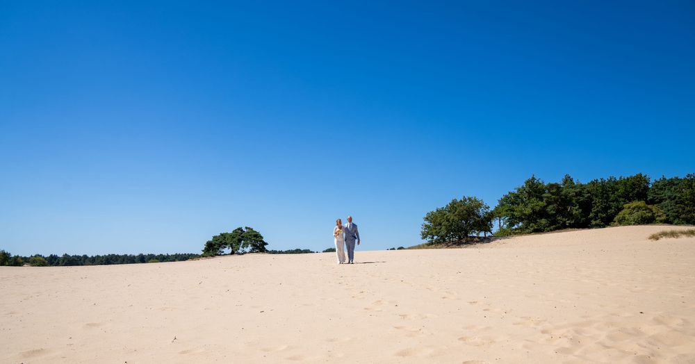 heide natuur zomerse dag trouwen bruid en bruidegom Geen standaard pose ontspannen love trouwpak trouwjurk trouwfotograaf
