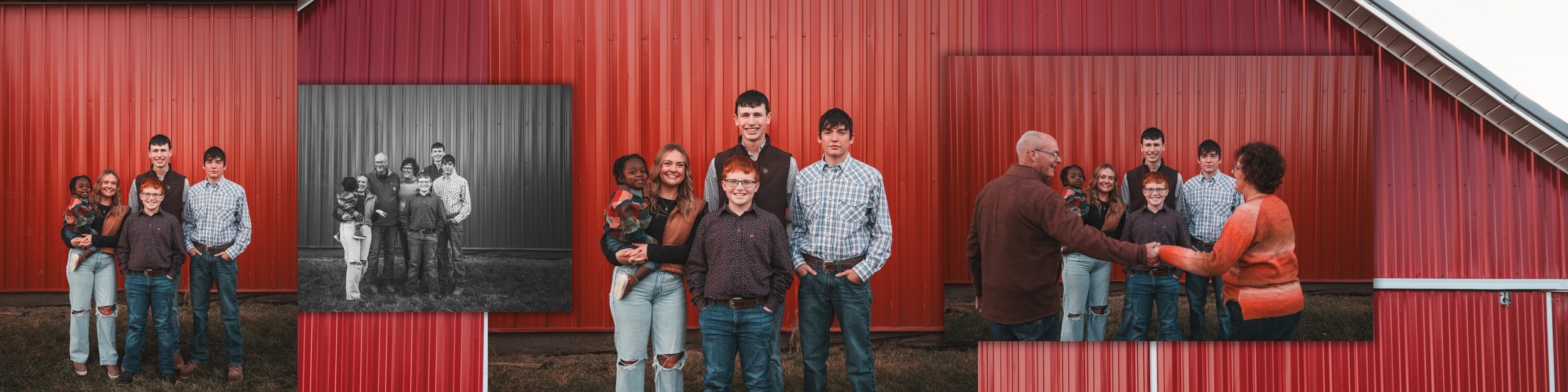 Three photos of a group posed against a red barn wall show evolution of family over time.