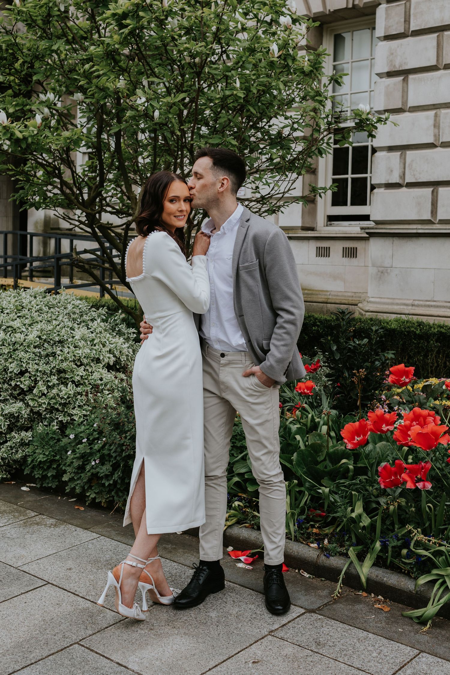 Bride and groom photo on grounds of Belfast City Hall