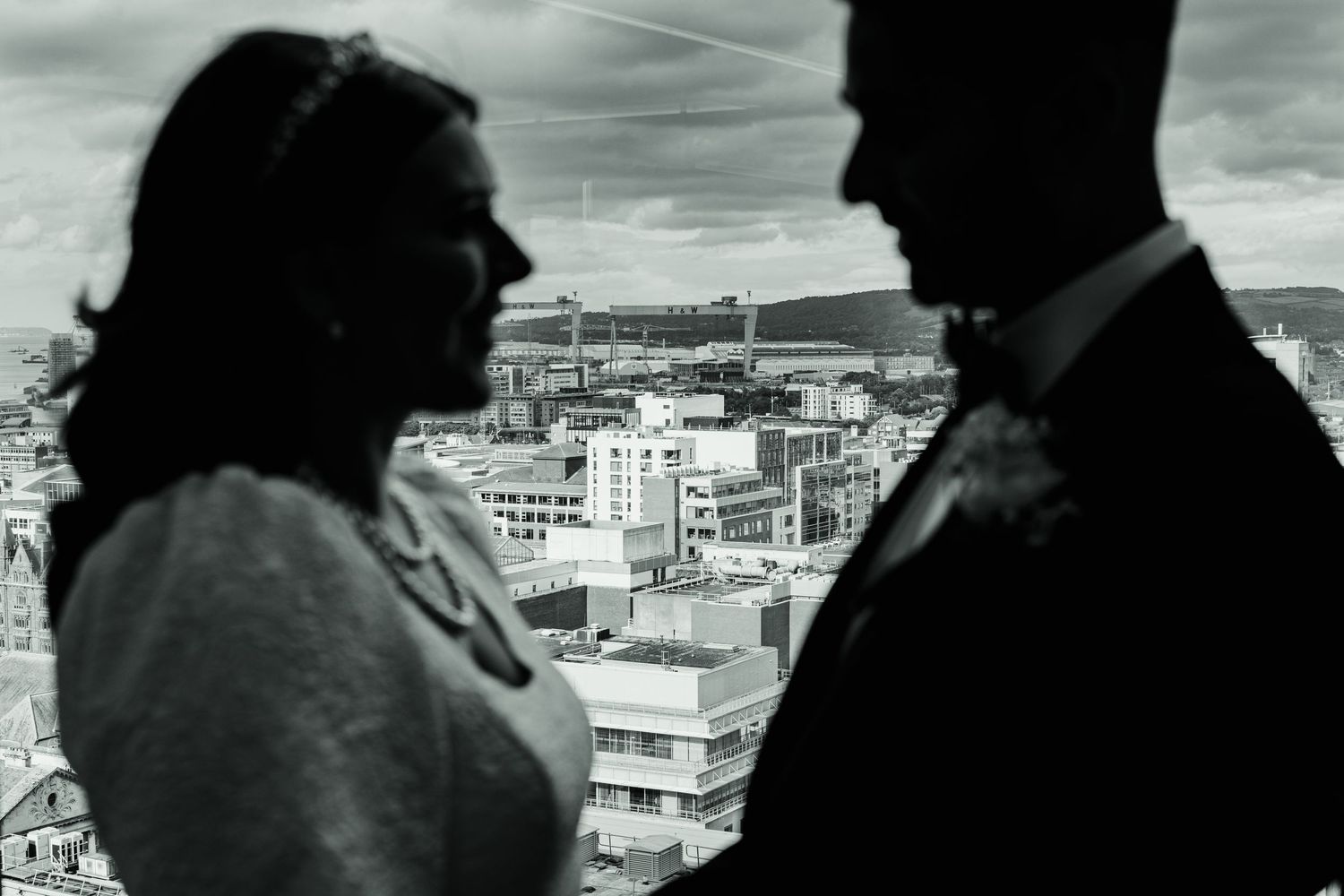 Belfast skyline photo of bride and groom