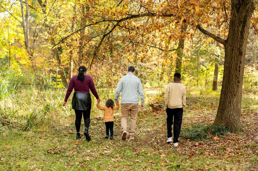 Family of four walking hand-in-hand through colorful autumn forest, viewed from behind.