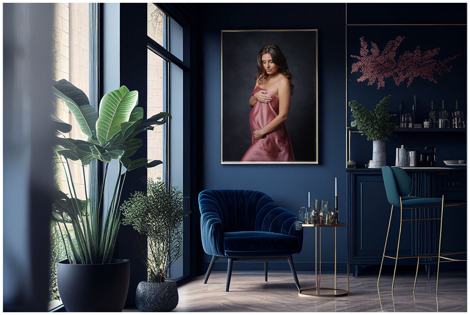 image of a modern room with large wall art portrait of pregnant woman draped in pink silky fabric.