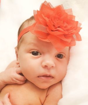 A baby wearing a large coral flower headband lies on white bedding in a series of similar poses.